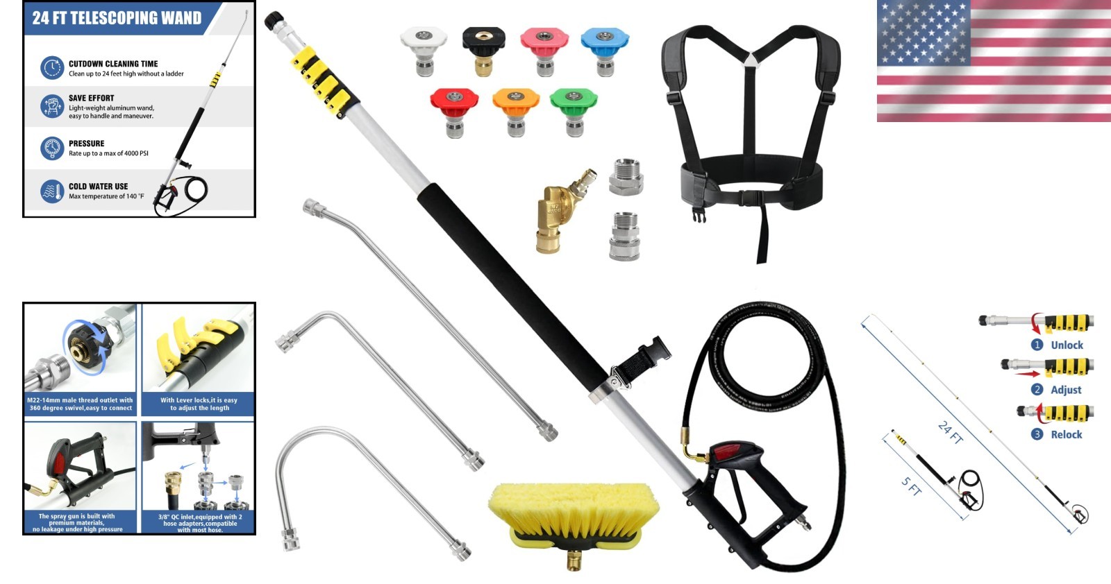 Telescoping Pressure Washer Wand 24 Feet with 3 Extension Wands and Brush Head