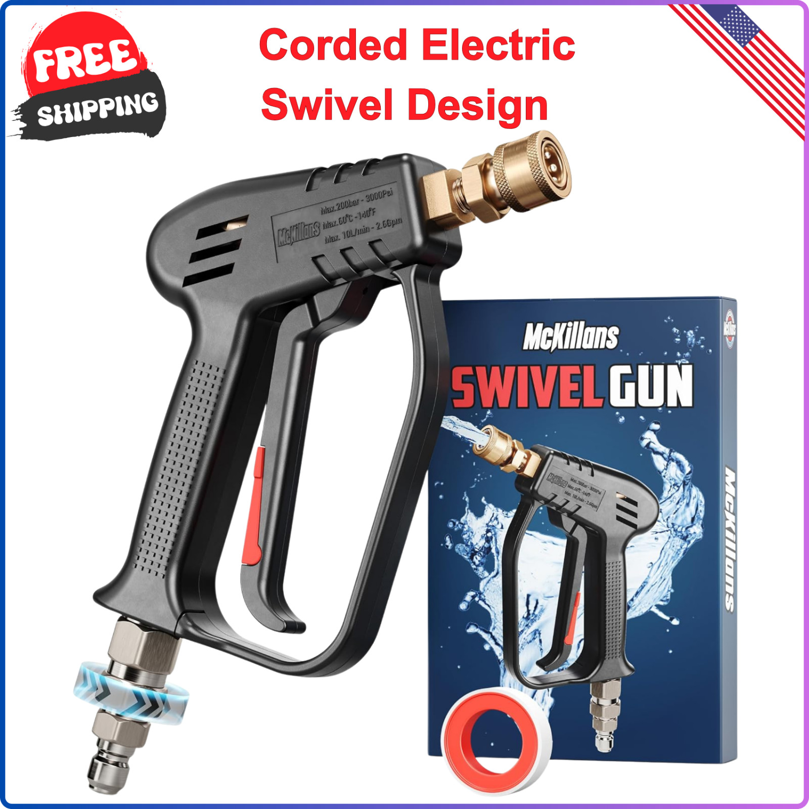 Short Pressure Washer Gun with Swivel – High Pressure Water Handle W/ 3/8″ Male