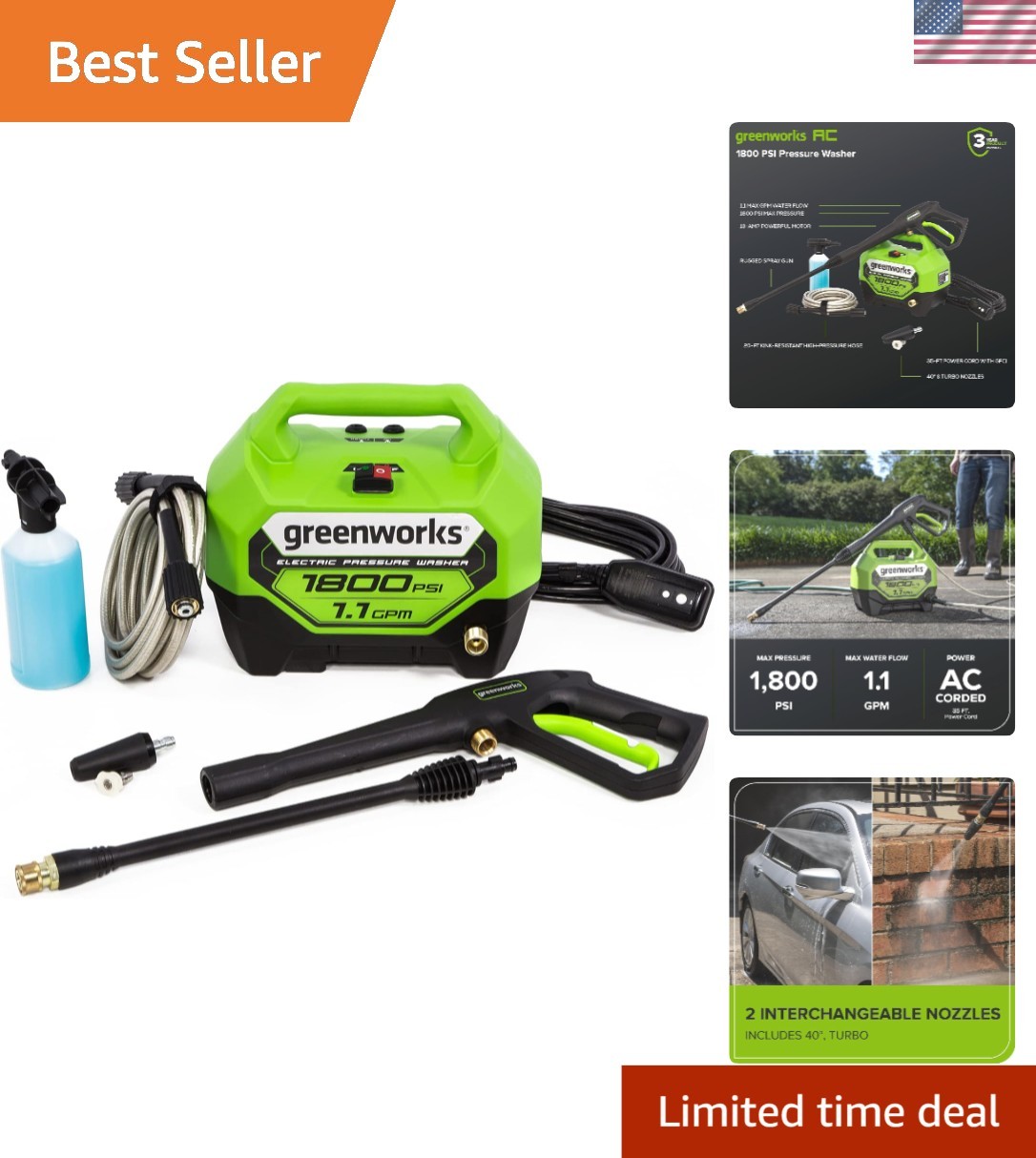 1800 PSI Electric Pressure Washer – PWMA Certified Power for Effortless Cleaning