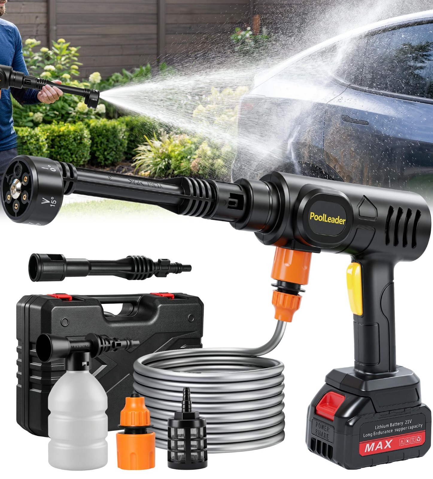 Cordless Car Cleaning Tool – 6-in-1 Nozzle & Foam Cannon, Portable Battery Opera