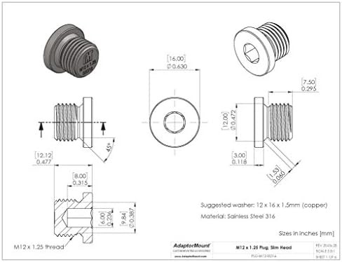 M12 x 1.25 Stainless Steel 316 Threaded Plug Fitting with Copper Washer – Slim R