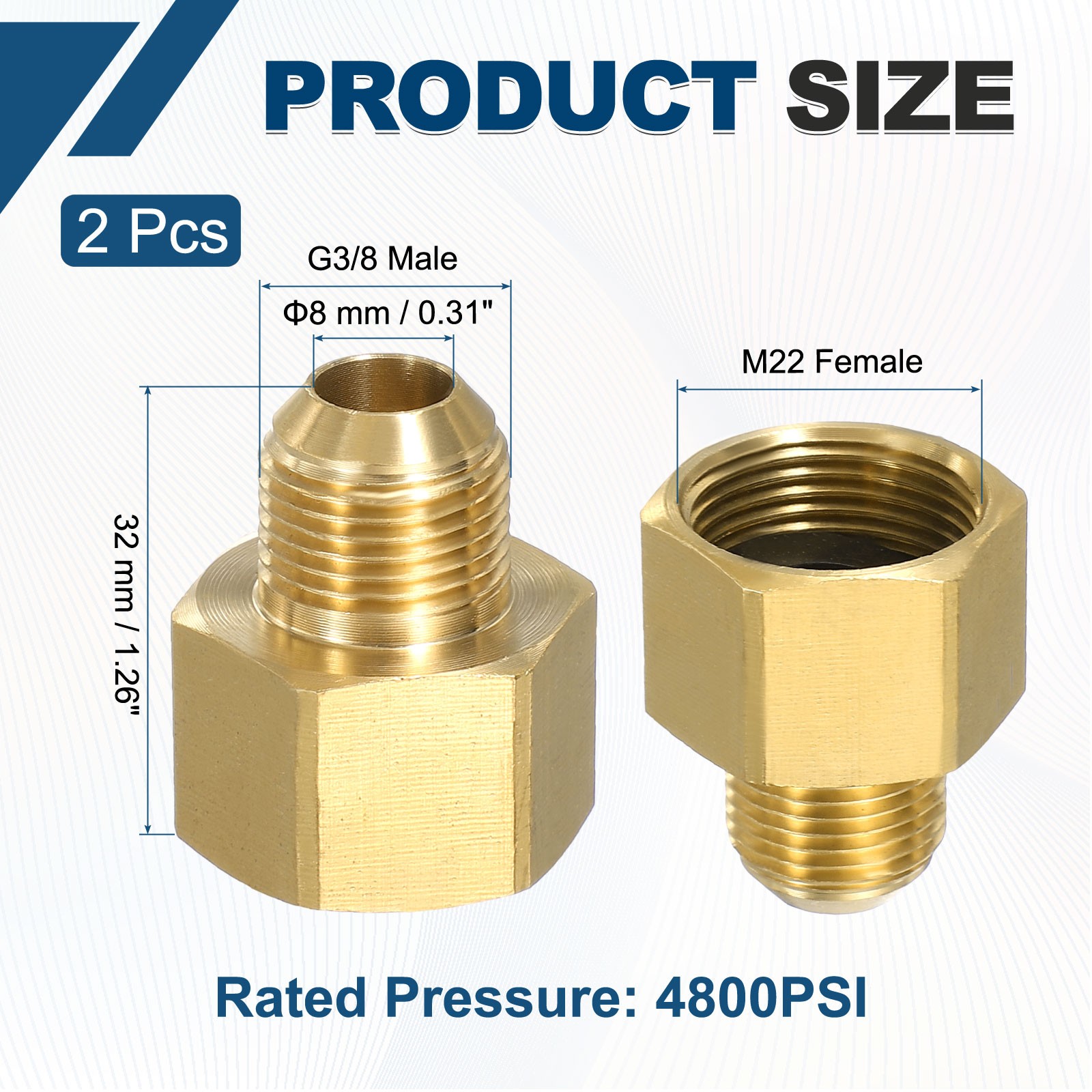 2pcs Pressure Washer Connector G3/8 Male to M22 Female 4800PSI Brass