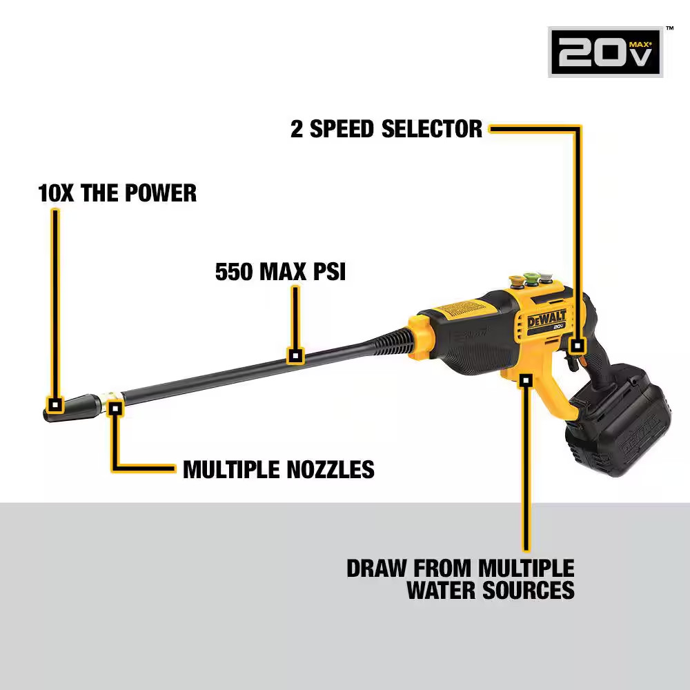 20V MAX 550 PSI 1.0 GPM Cold Water Cordless Battery Power Cleaner with 4 Nozzles