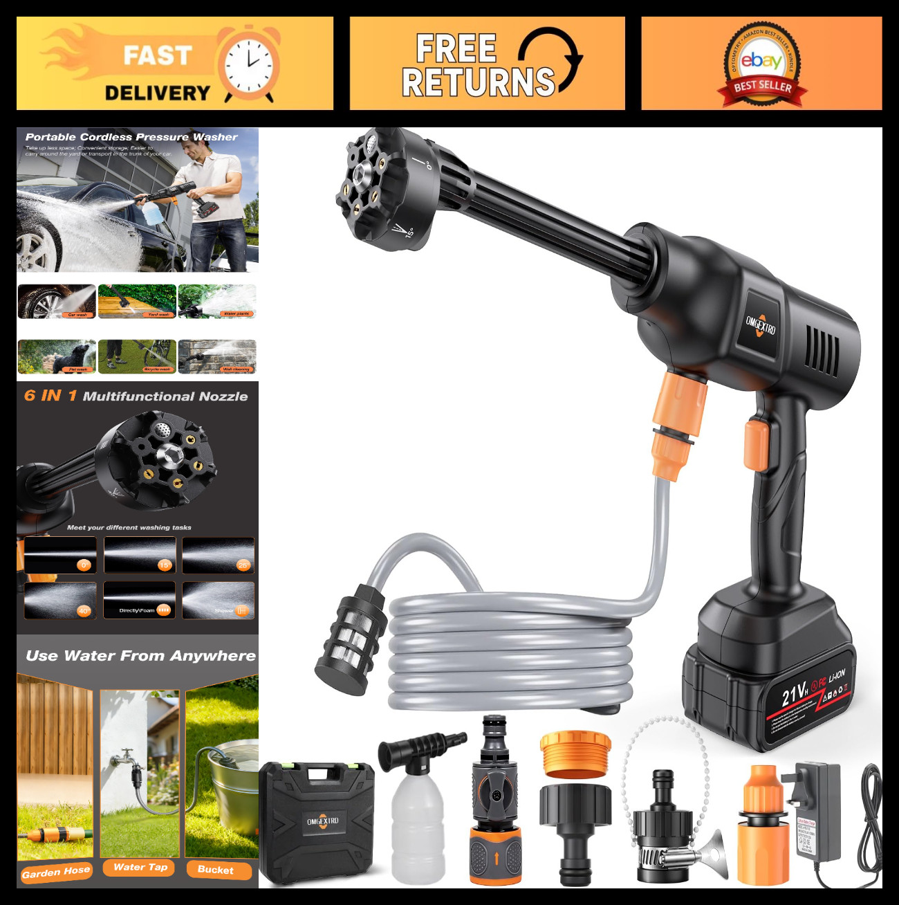 Portable Cordless Car Washer 1250PSI, 6-in-1 Nozzle, 17FT Hose, Handheld Cleaner
