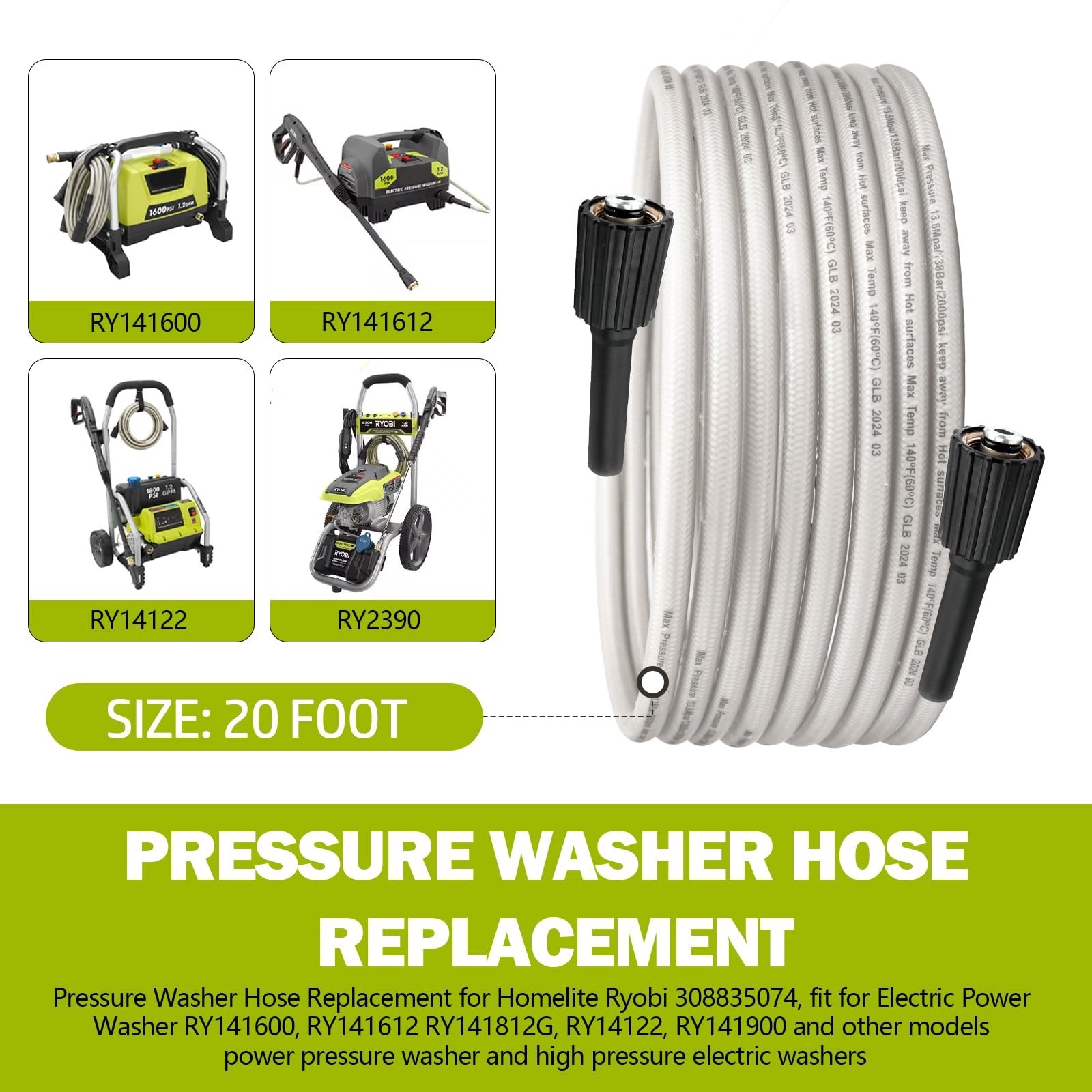 Pressure Washer Hose Replacement for Electric Power Washers RY141600 RY141612 RY