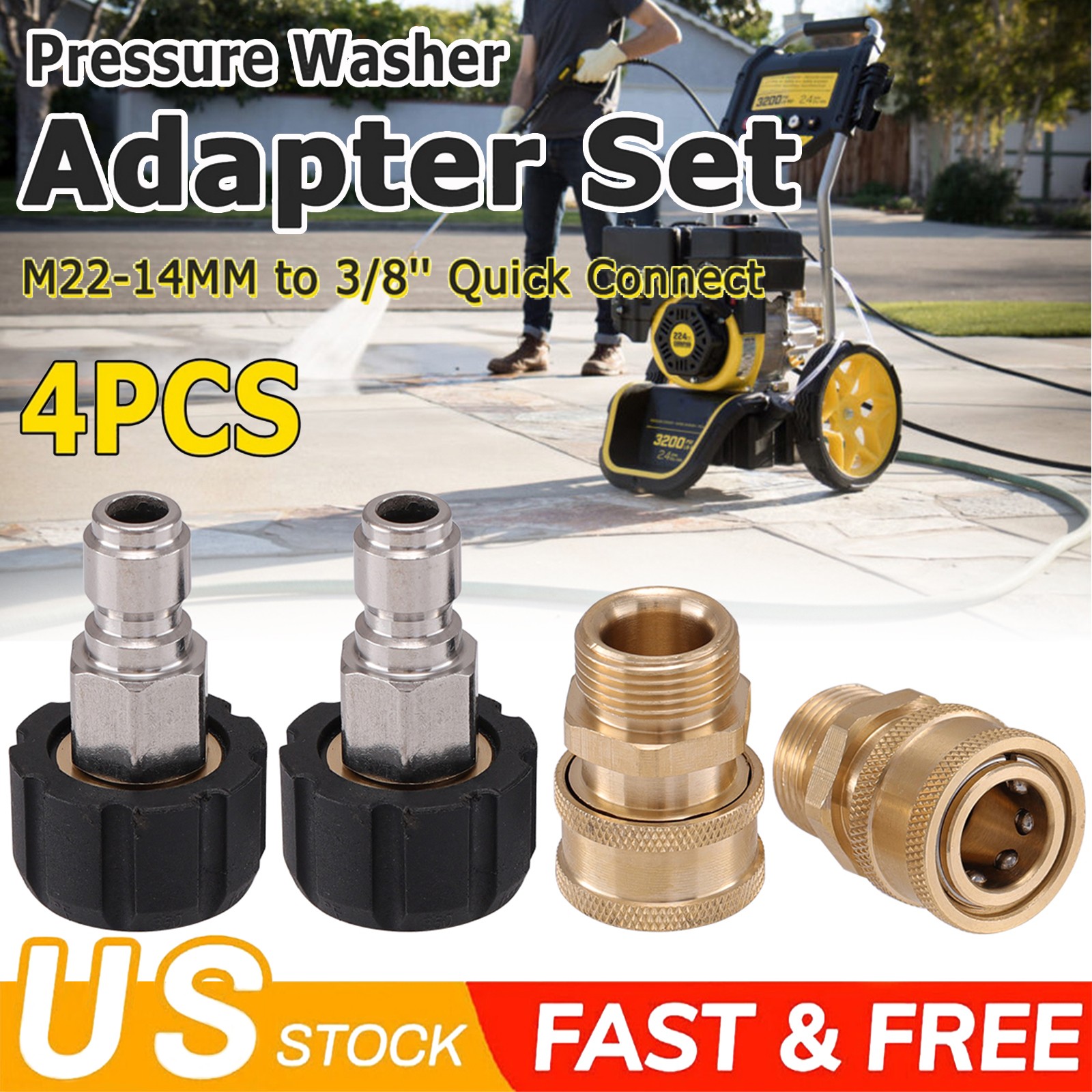 4X Pressure Washer Adapter Set Quick Disconnect Kit M22-14mm Swivel 3/8”Connect
