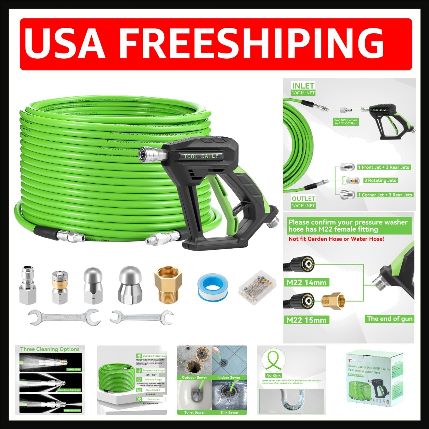Professional Sewer Jetter Kit for Pressure Washer, 100 FT, 3600 PSI