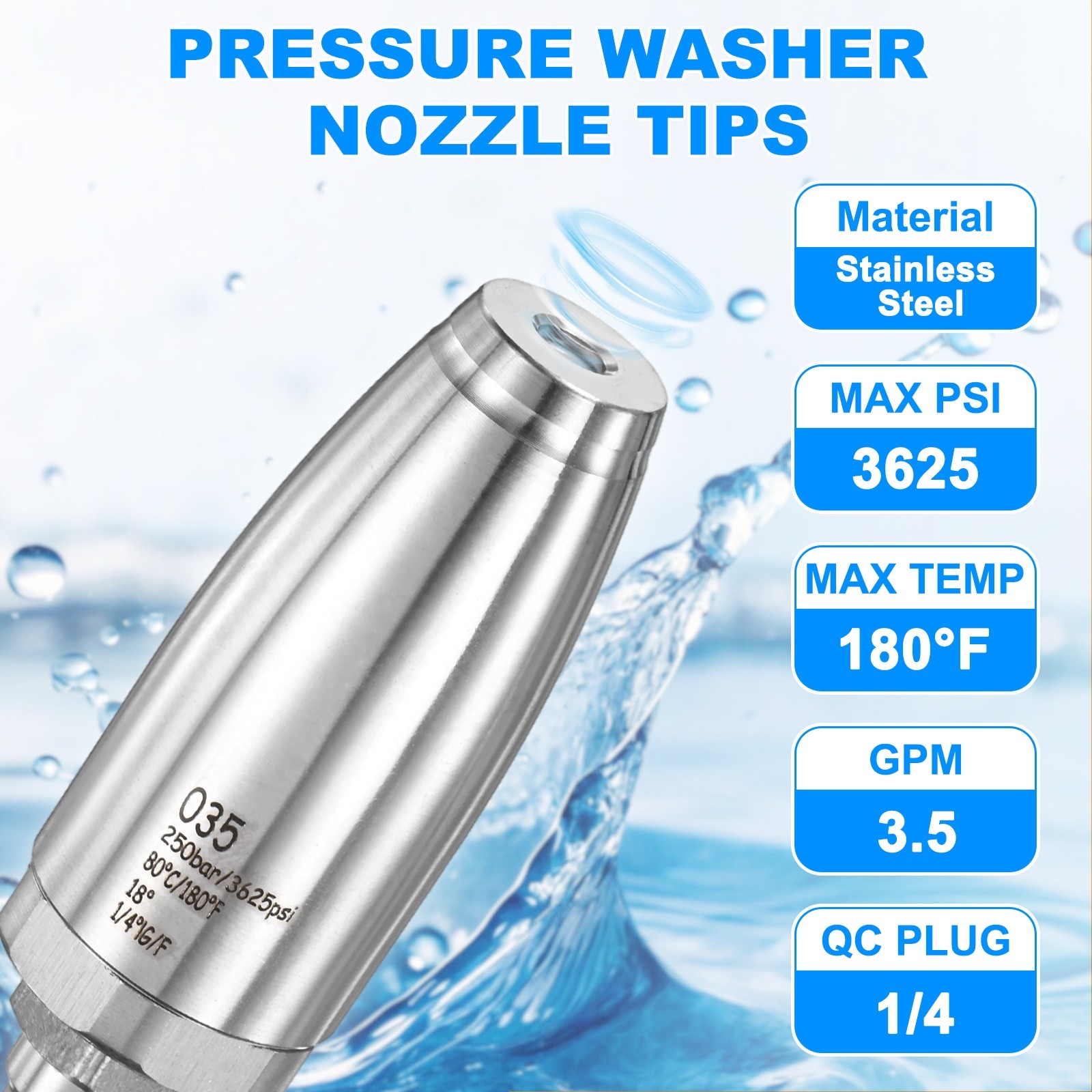 1-Pack Pressure Washer Turbo Nozzle Tips Set, 360° Rotating, 3.5 GPM [Silver]
