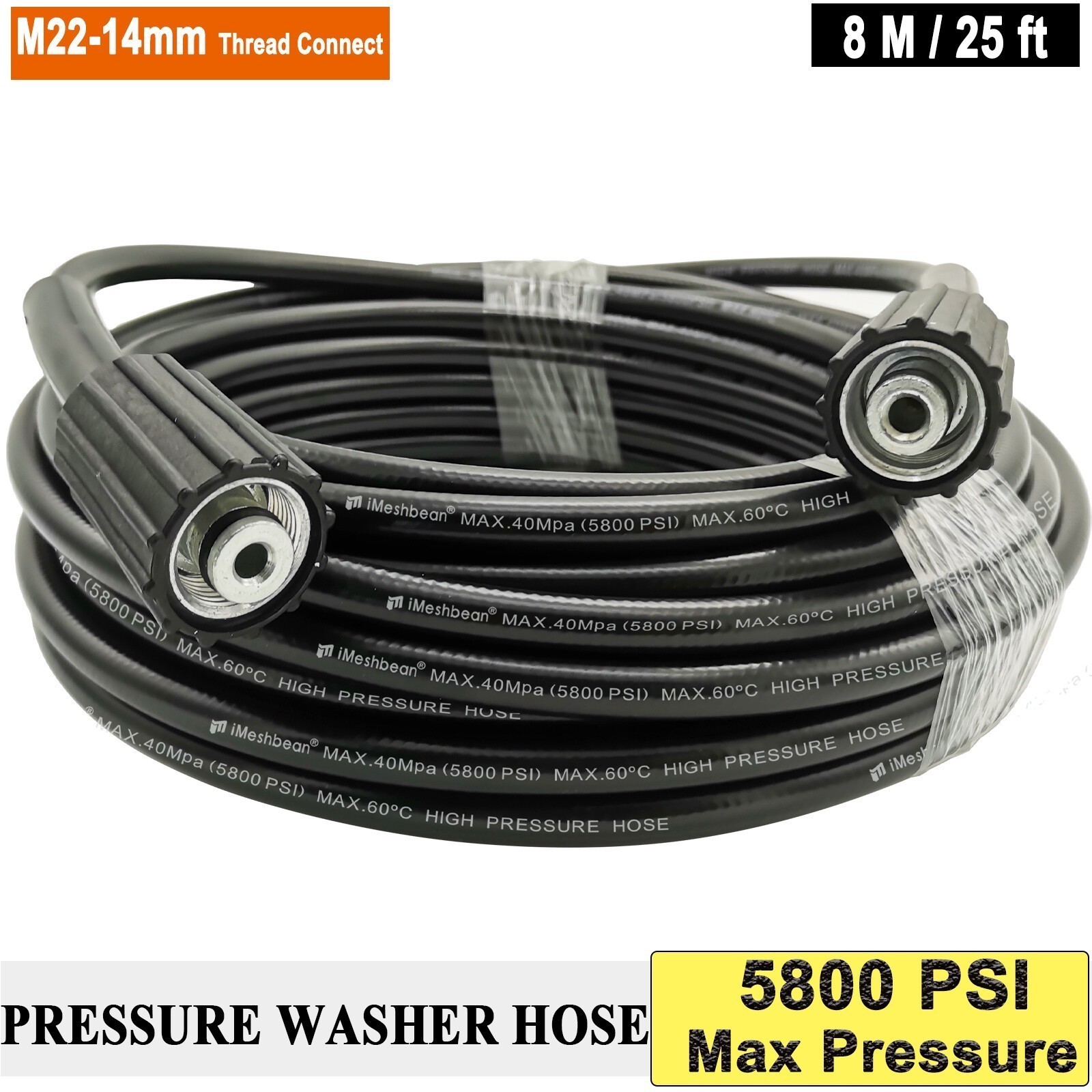 26FT 5800PSI High Pressure Washer Hose M22-14mm Power Washer Extension Hose New