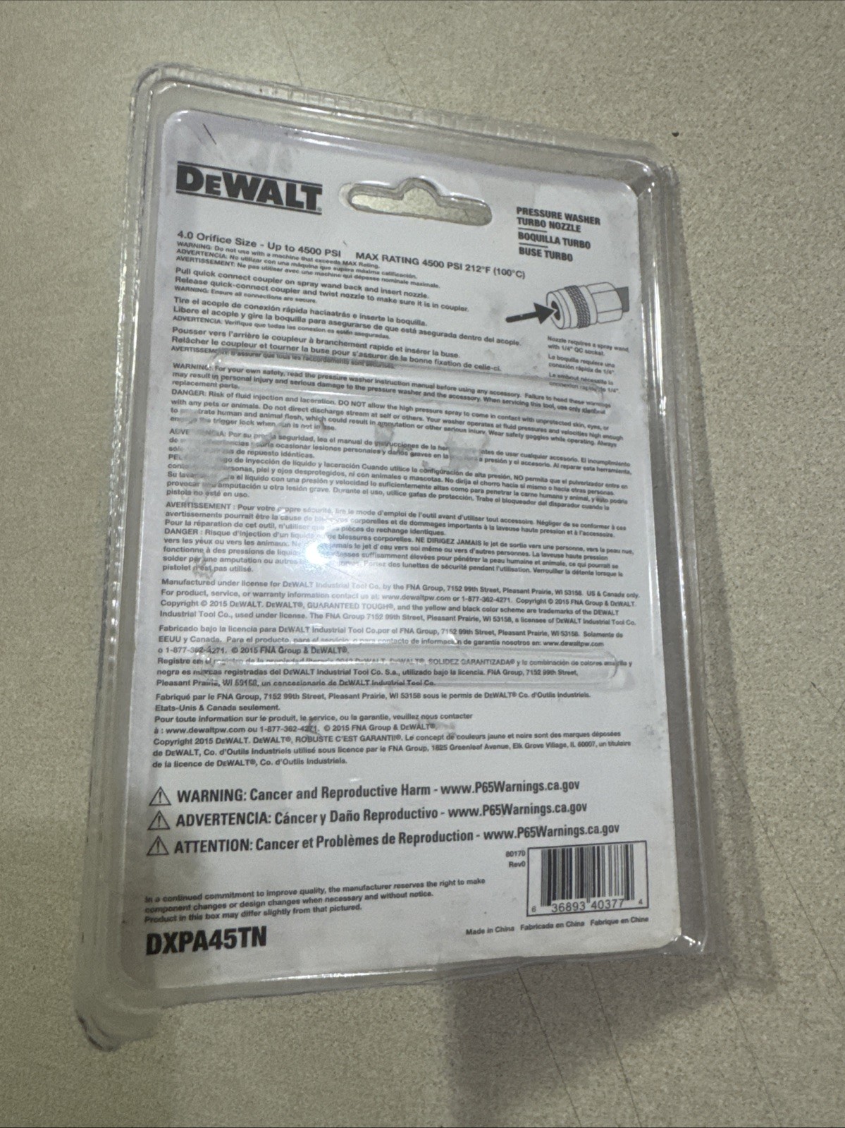 NEW Dewalt DXPA45TN 4500 PSI Pressure Washer Turbo Spray Nozzle