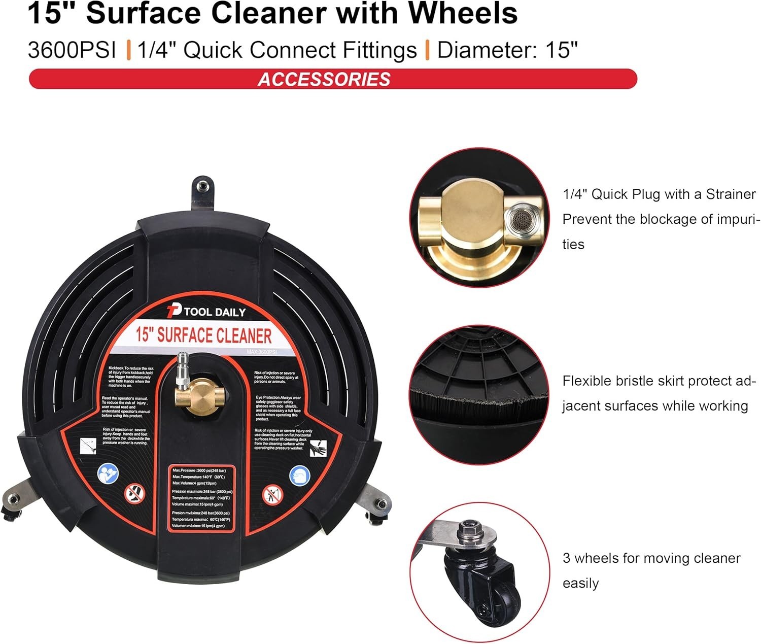 15 Inch Pressure Washer Surface Cleaner – 3600 PSI with 3 Wheels & Wands