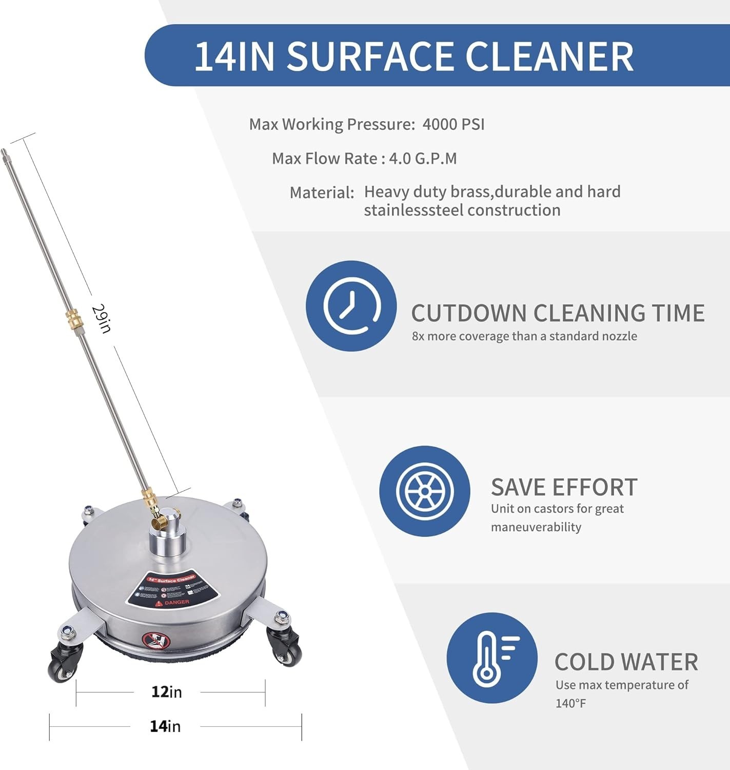 Professional 14″ Surface Cleaner: 4000 PSI, Stainless Steel with 4 Wheels