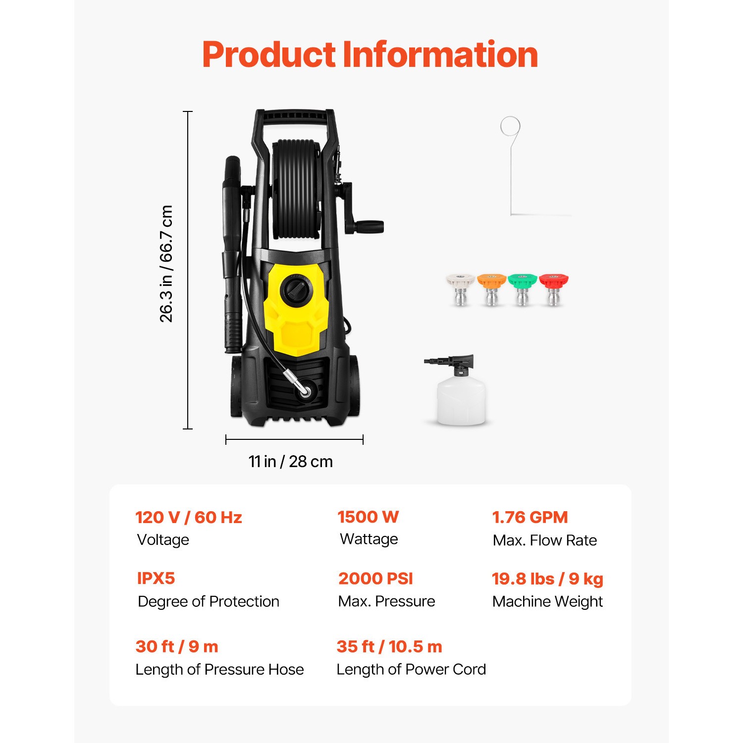 VEVOR Electric Pressure Washer High Pressure Washer 2000PSI 1.76GPM w/ Hose Reel