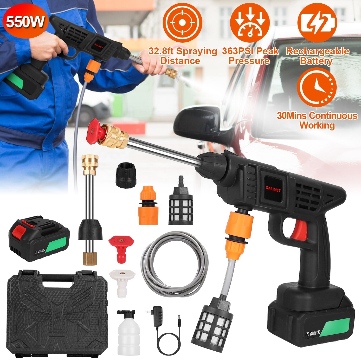 12000mAh Cordless High Pressure Car Washing Gun Pressure Washer Gun w/ 2 Nozzles