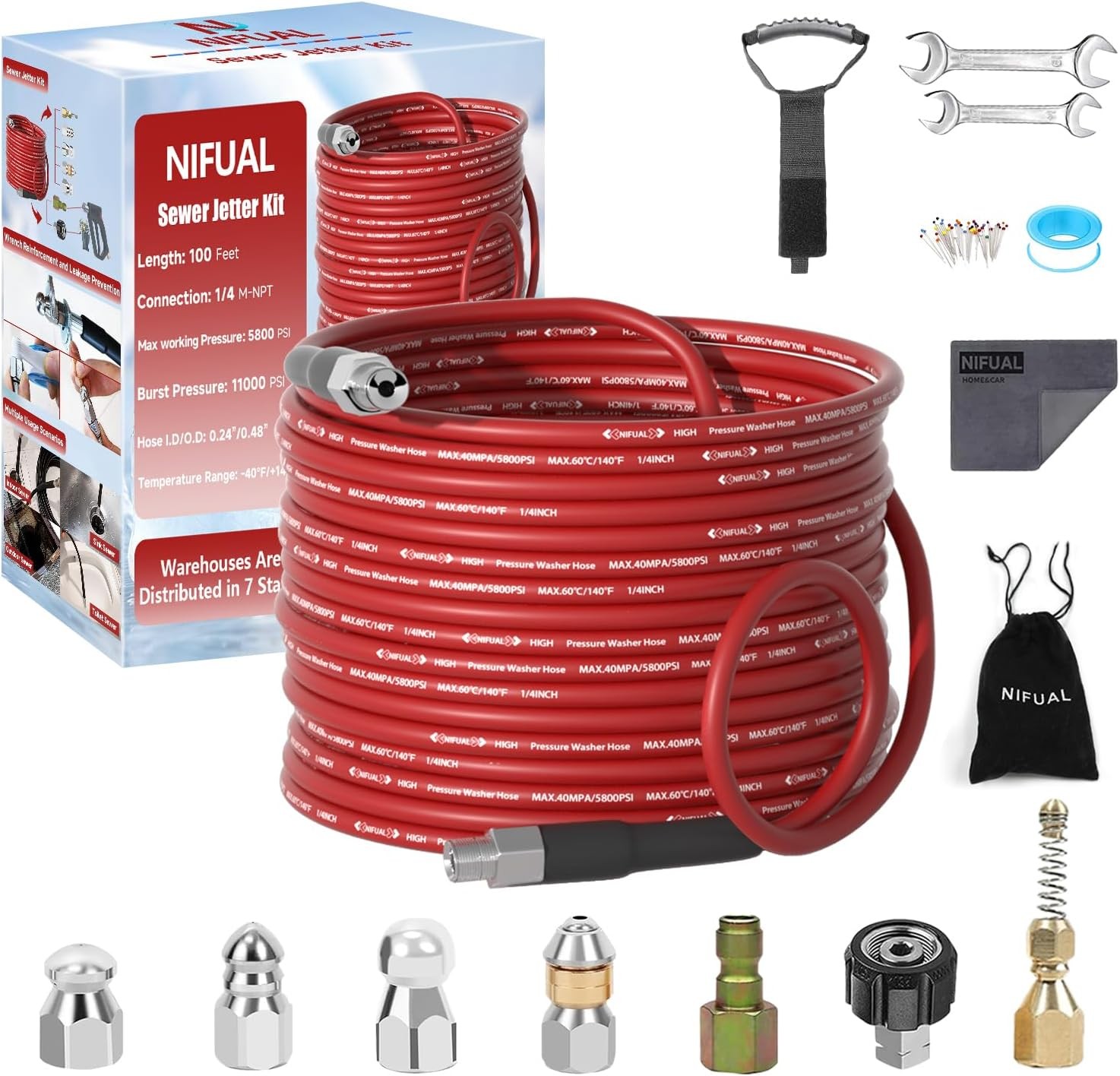 Sewer Jetter Kit for Pressure Washer,100Ft 5800PSI Pressure Drain Cleane