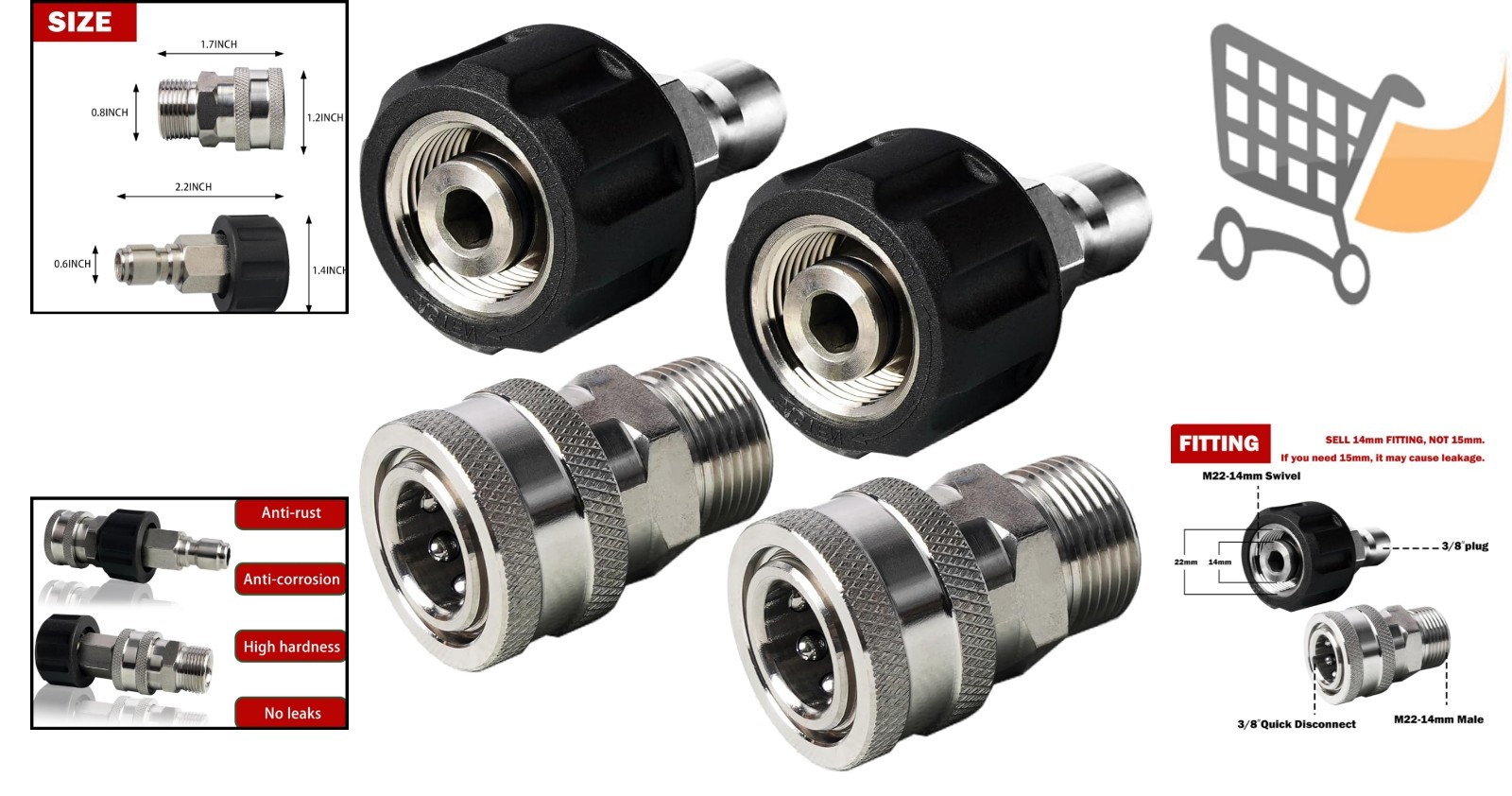 Pressure Washer Quick Connect Kit Stainless Steel M22 3/8″ 4 Pack