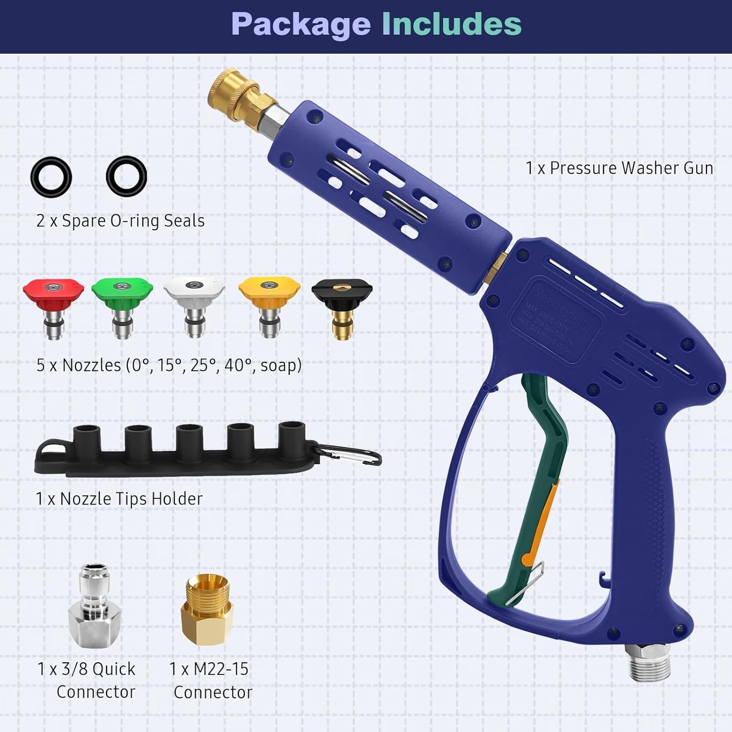 High Pressure Washer Gun 5000 PSI 8 GPM 3/8 Quick Connect M22 14/15mm 5 Nozzles