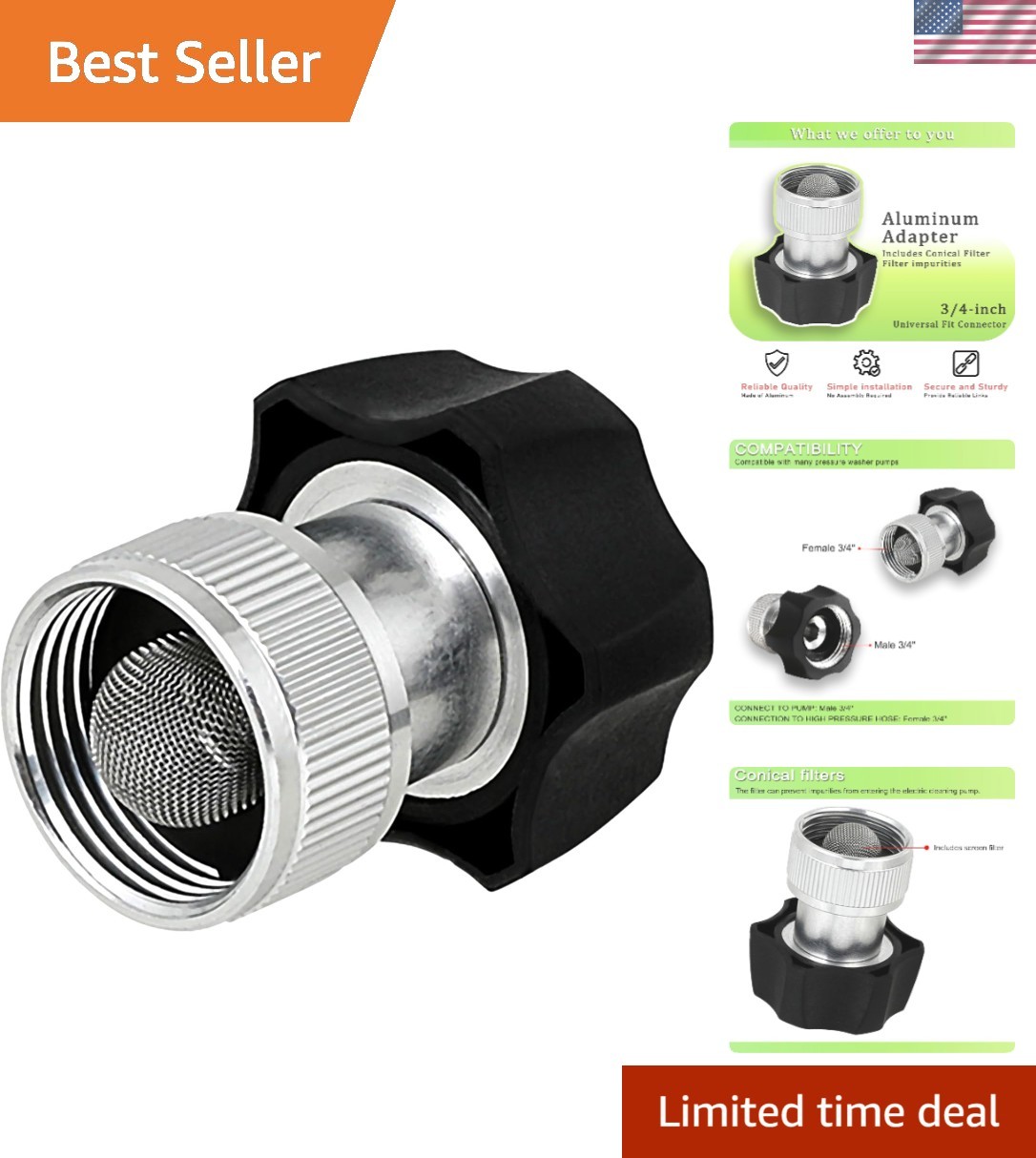3/4” Durable Aluminum Electric Pressure Washer Coupler with Built-in Filter