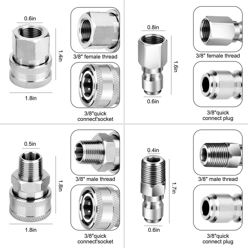 4Pcs NPT 3/8 Inch Pressure Washer Adapter Stainless Steel Quick Connect Fitting