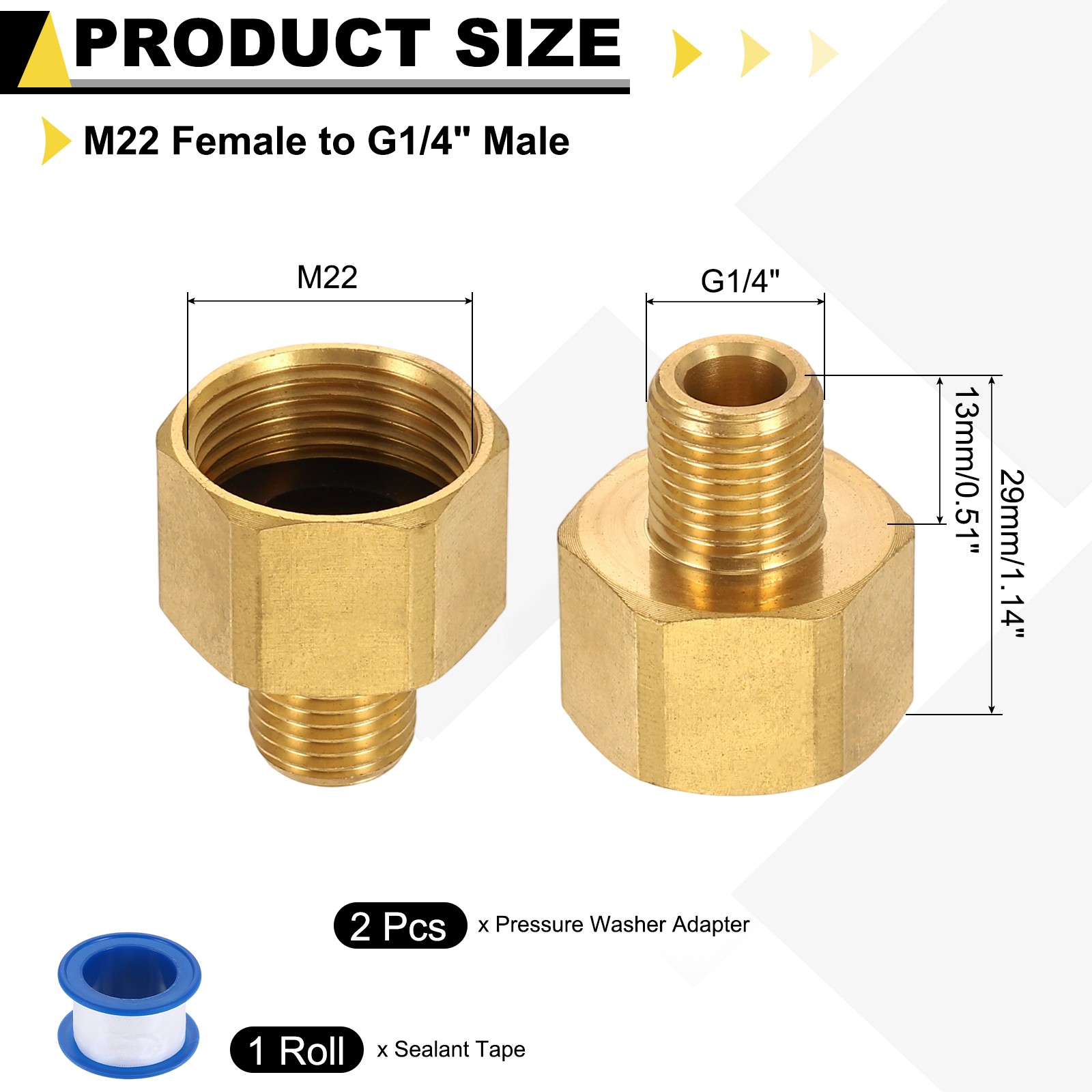 2Pcs Pressure Washer Adapter with Tape, M22 Female to G1/4″ Male Brass