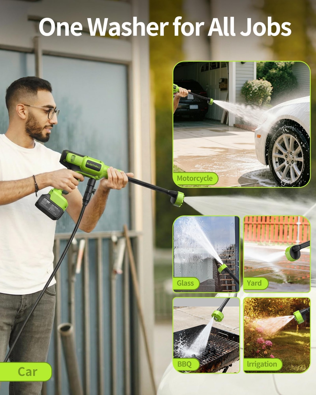 Portable Cordless Pressure Washer 1100 PSI, Battery Operated, Lightweight, 23FT