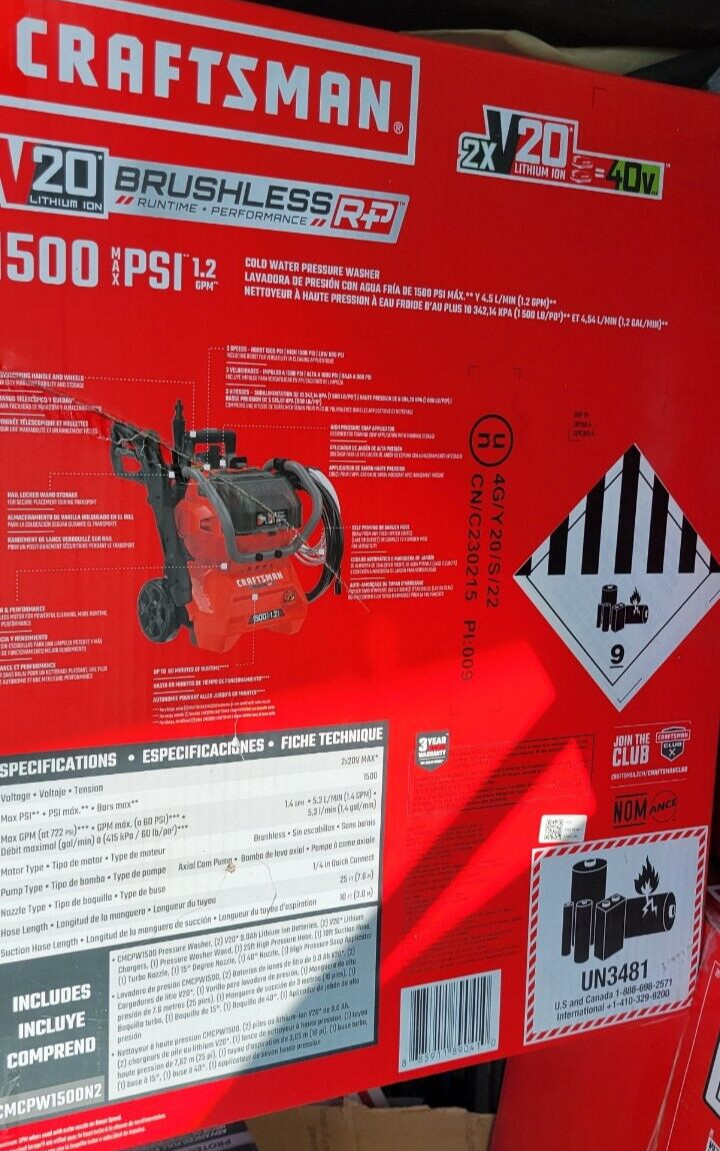 Craftsman V20 1500 PSI Cold Water Pressure Washer – Red (CMCPW1500N2)