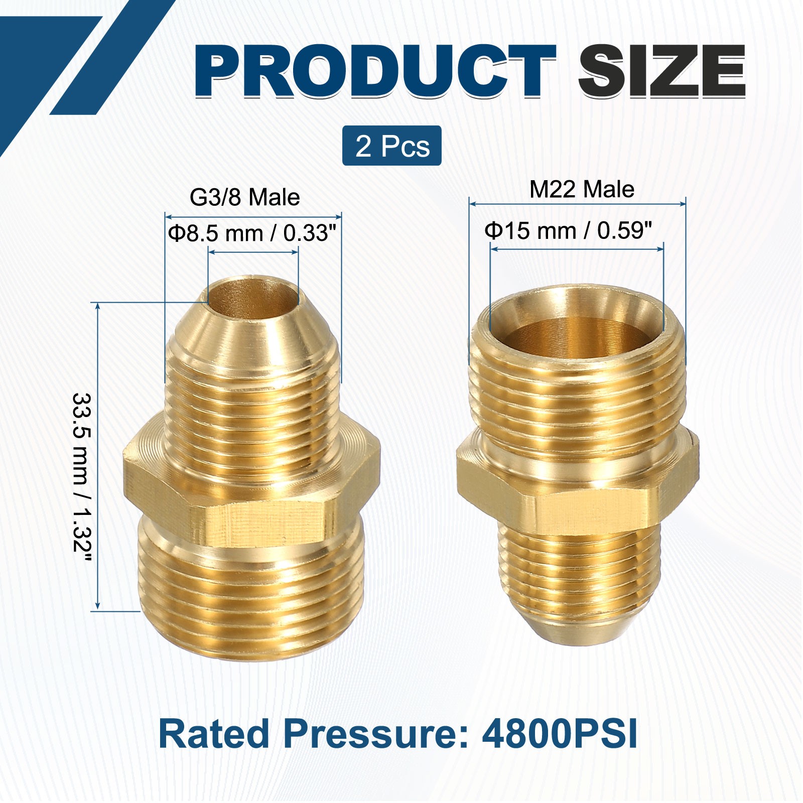 2PCS Pressure Washer Connector M22 Male to G3/8 Male 4800PSI Copper