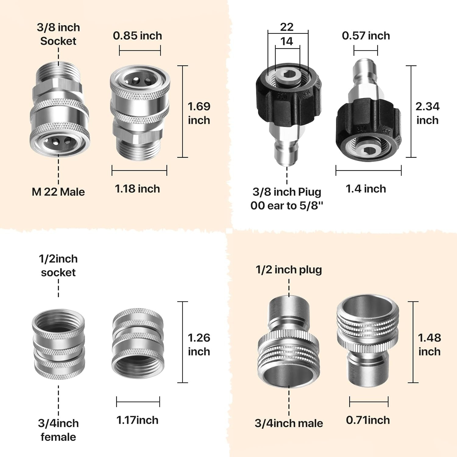 Pressure Washer Adapter Set, Stainless Steel Quick Disconnect Kit, M22 14 Mm Qui