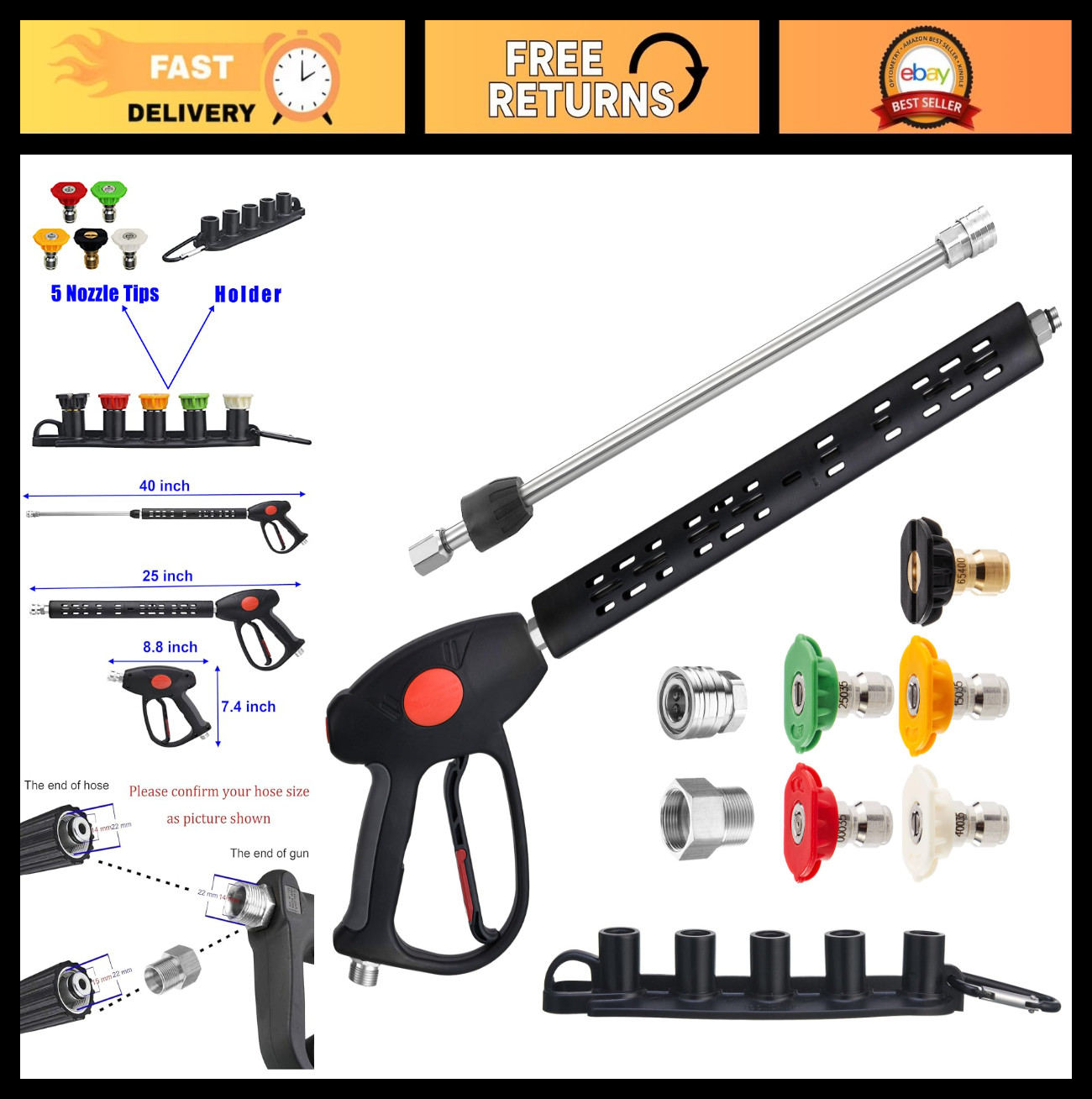 High-Pressure Washer Gun with Extension Wand, M22 Fitting, 5 Nozzle Tips, 4000 P