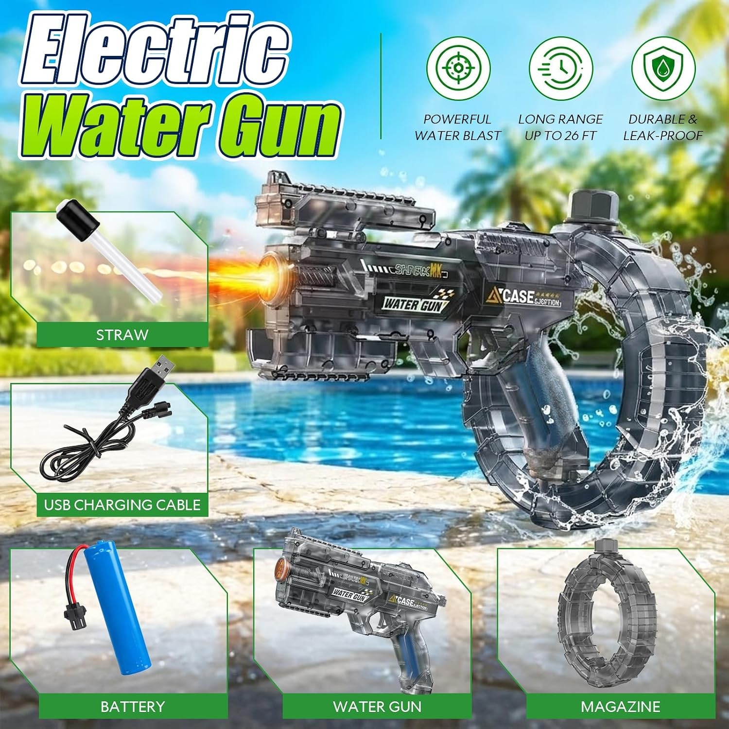 315 Inches Long Range Electric Water Gun with Rechargeable Battery
