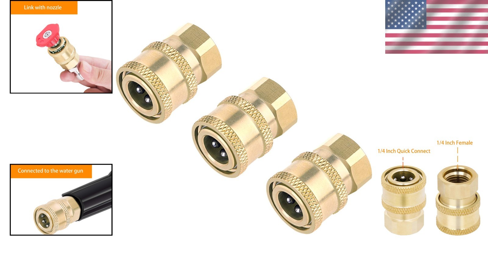 3 Pack Brass Pressure Washer Quick Connect Couplers – 1/4 Inch NPT Adaptability