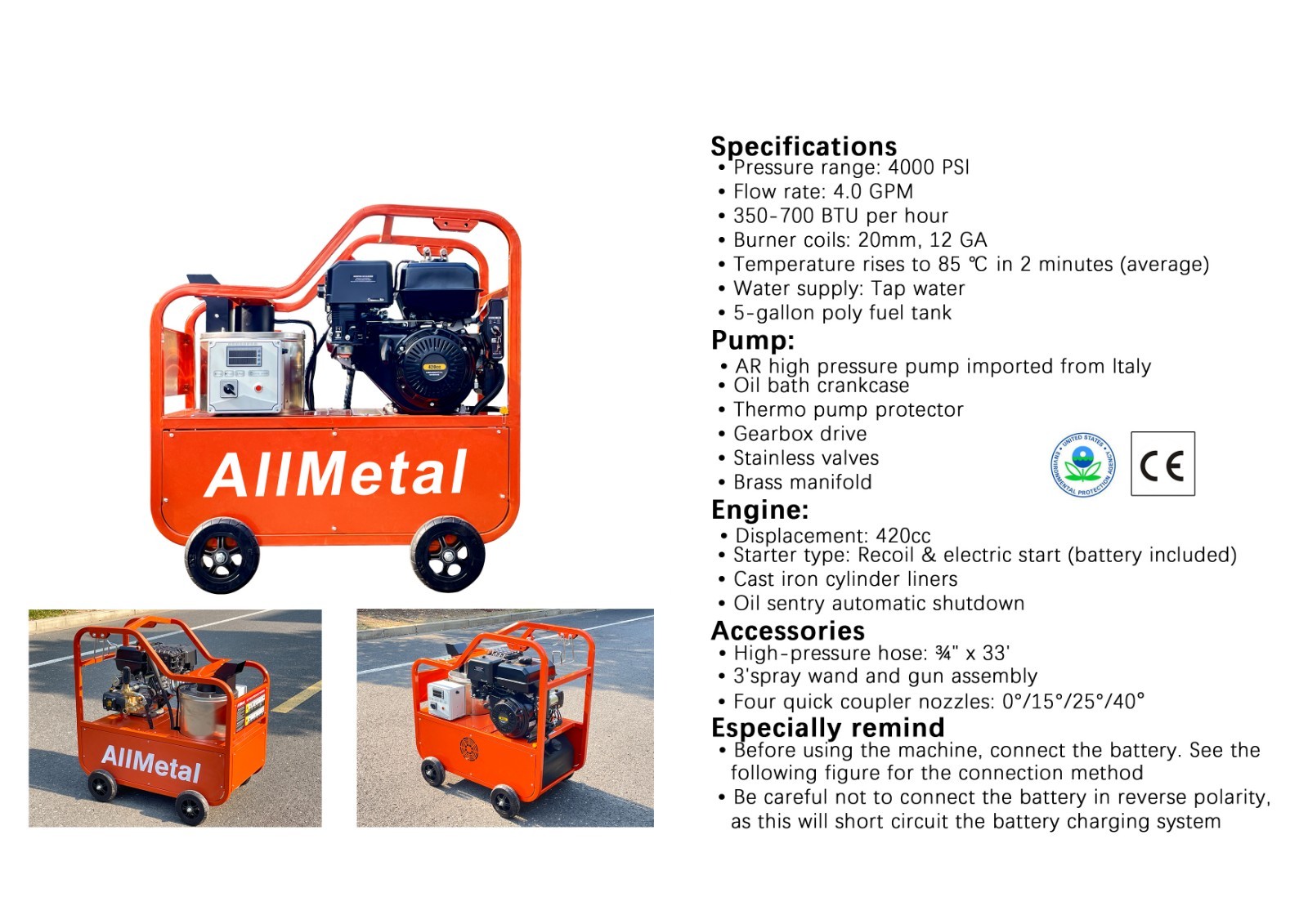4000PSI 4GPM Commercial Hot Water High-Pressure Washer Shot Hot Water 5Gal 420cc
