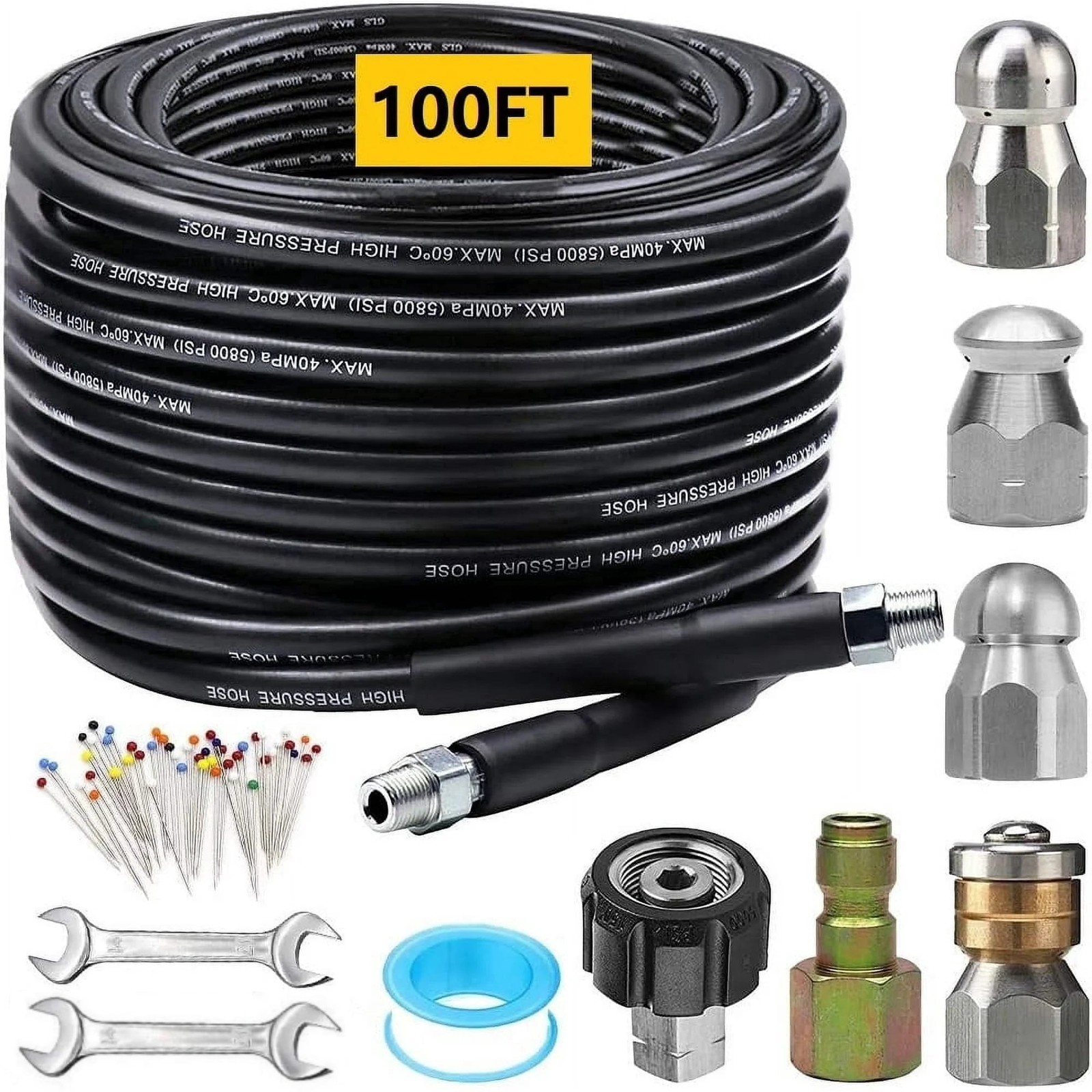 Pressure Washer Sewer Jetter Kit 100Ft 1/4 Inch NPT Hose Nozzles