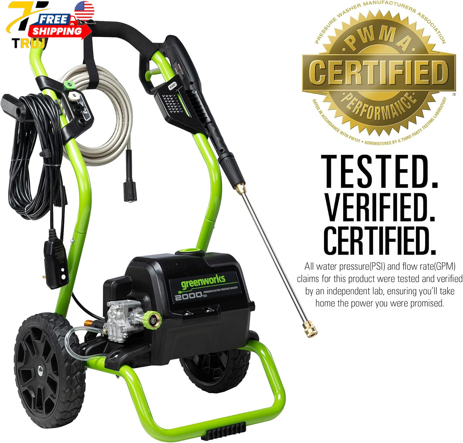Greenworks 2000 PSI (13 Amp) Electric Pressure Washer (Wheels For Transport / 20