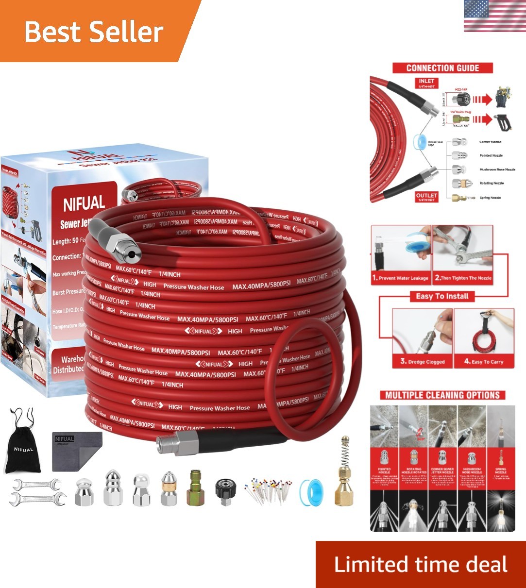NIFUAL Sewer Jetter Kit for Pressure Washer,50FT 5800PSI Pressure Drain Clean…