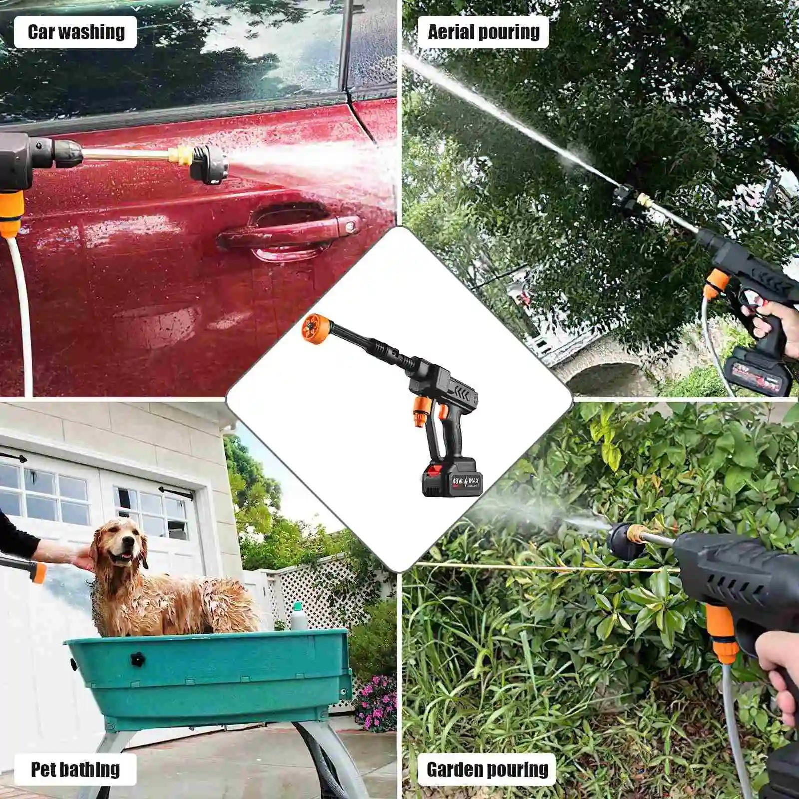 48V Water Gun Spray Cleaner Car Washer 6 In 1 Nozzle, Handheld High Pressure Wa