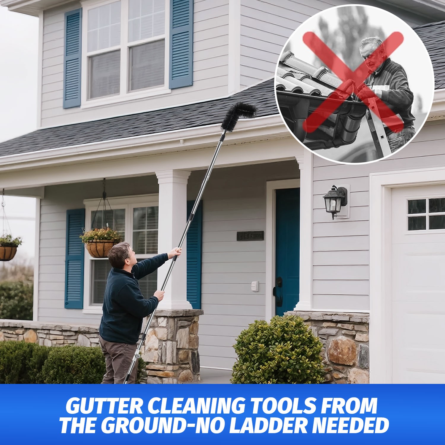 3-in-1 Gutter Cleaning Tools with Brush Rake Scoop Glove 180° Rotating Pole