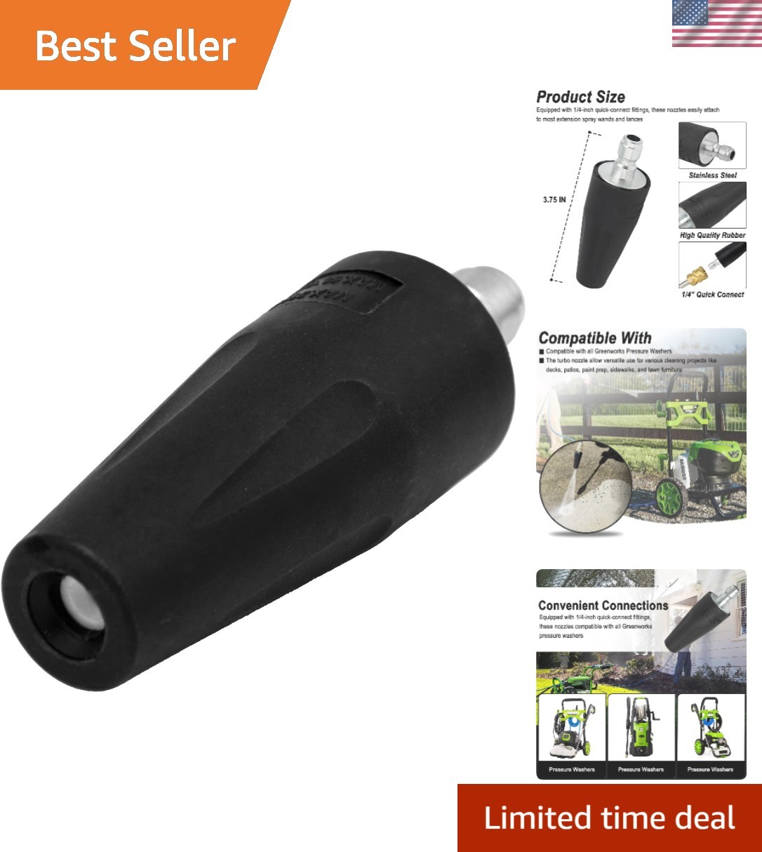Versatile 2000 PSI Turbo Spray Nozzle for Efficient Cleaning with Greenworks
