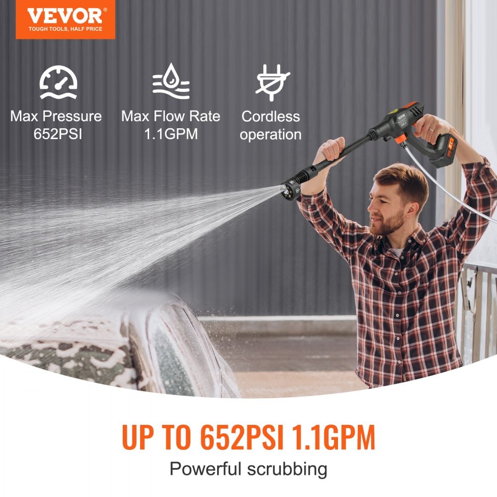 VEVOR CORDLESS PRESSURE WASHER, 652-PSI 1.1 GPM PORTABLE – BLACK/ORANGE