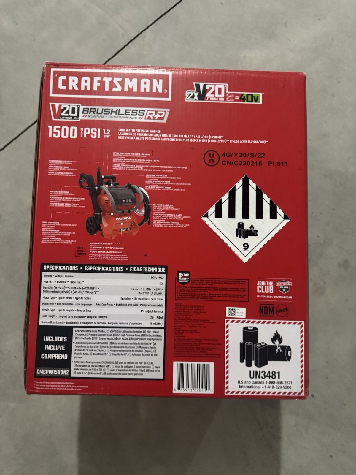 Craftsman V20 1500 PSI Cold Water Pressure Washer with 2 extra 9.0 ah batteries