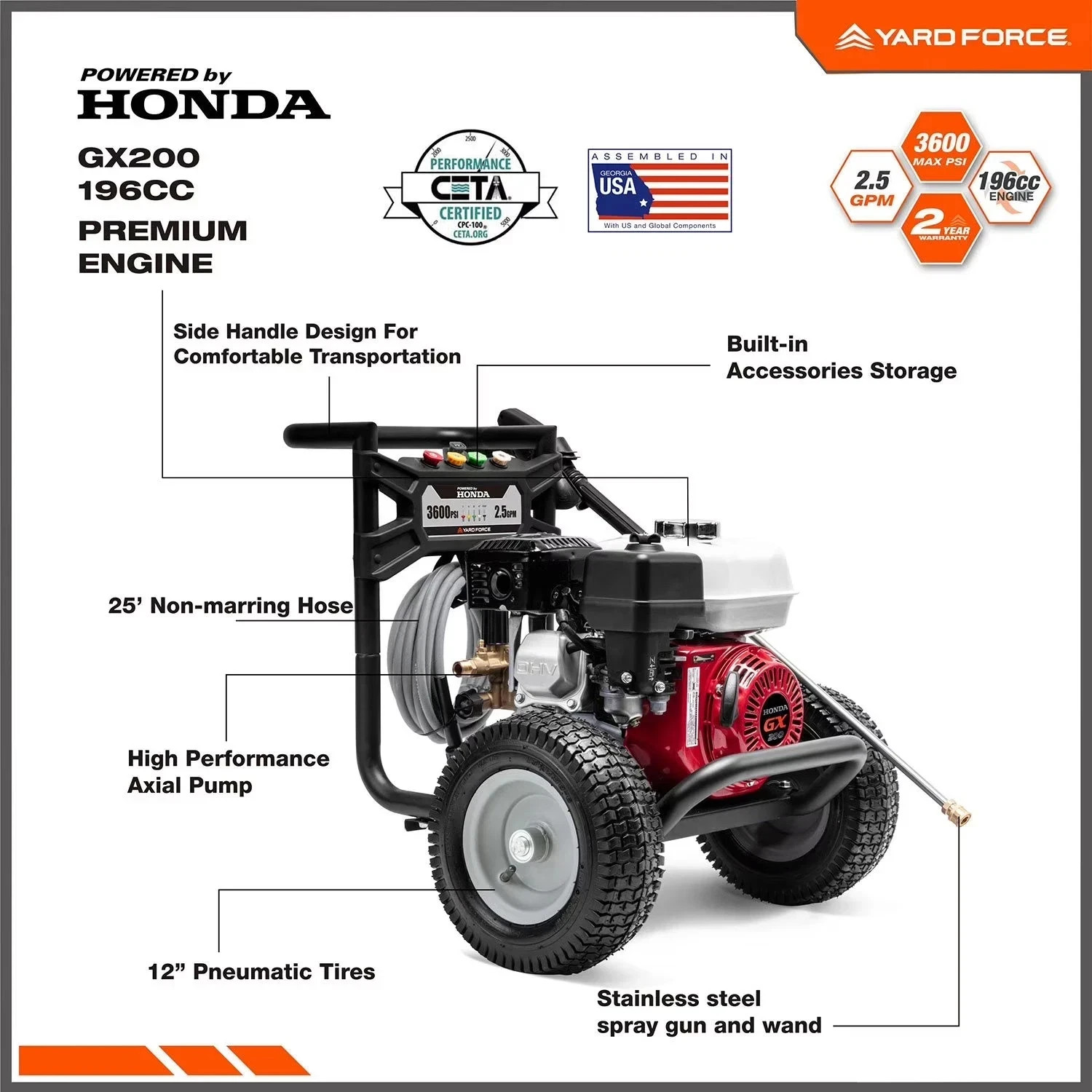 Yard Force 3600PSI 2.5GMP Honda GX200 196cc Gas Pressure Washer with high perfor