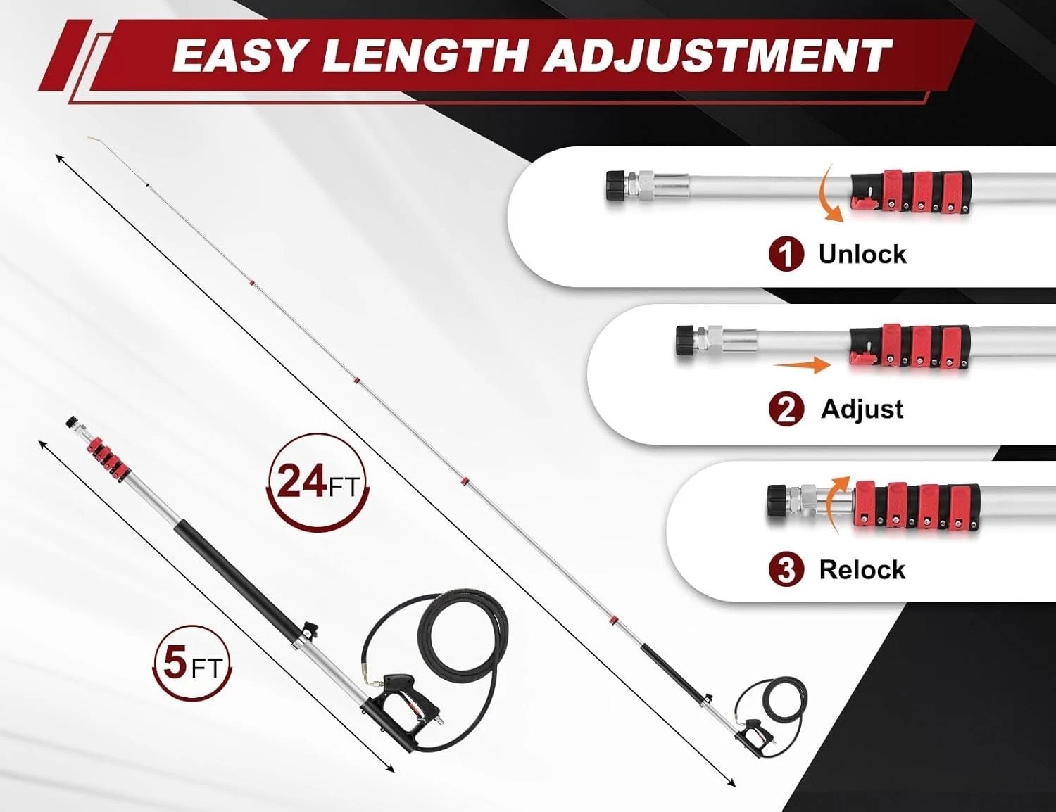 24FT Telescoping Pressure Washer Wand with 5 Nozzles for Effortless Cleaning