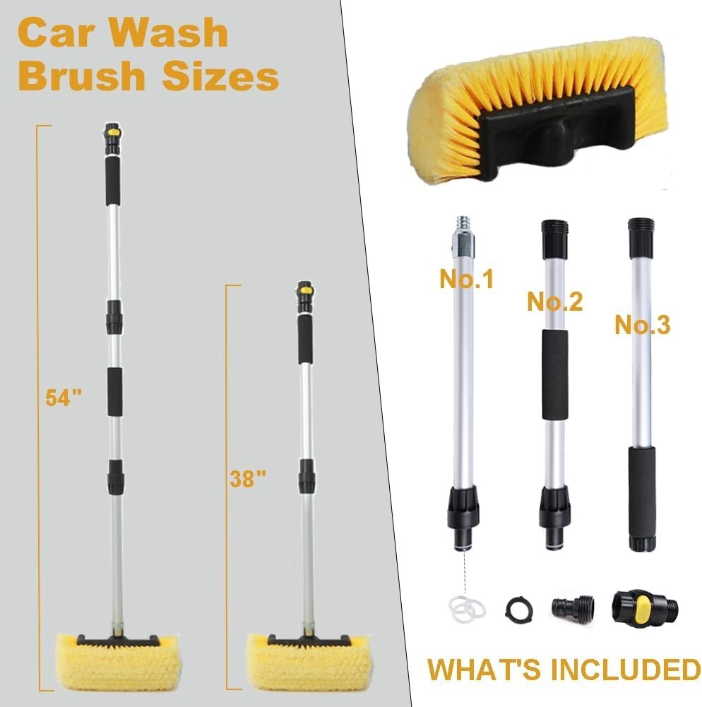 54″ Car Wash Brush with Long Handle, Flow-Thru Soft Bristle 54 inch, Yellow