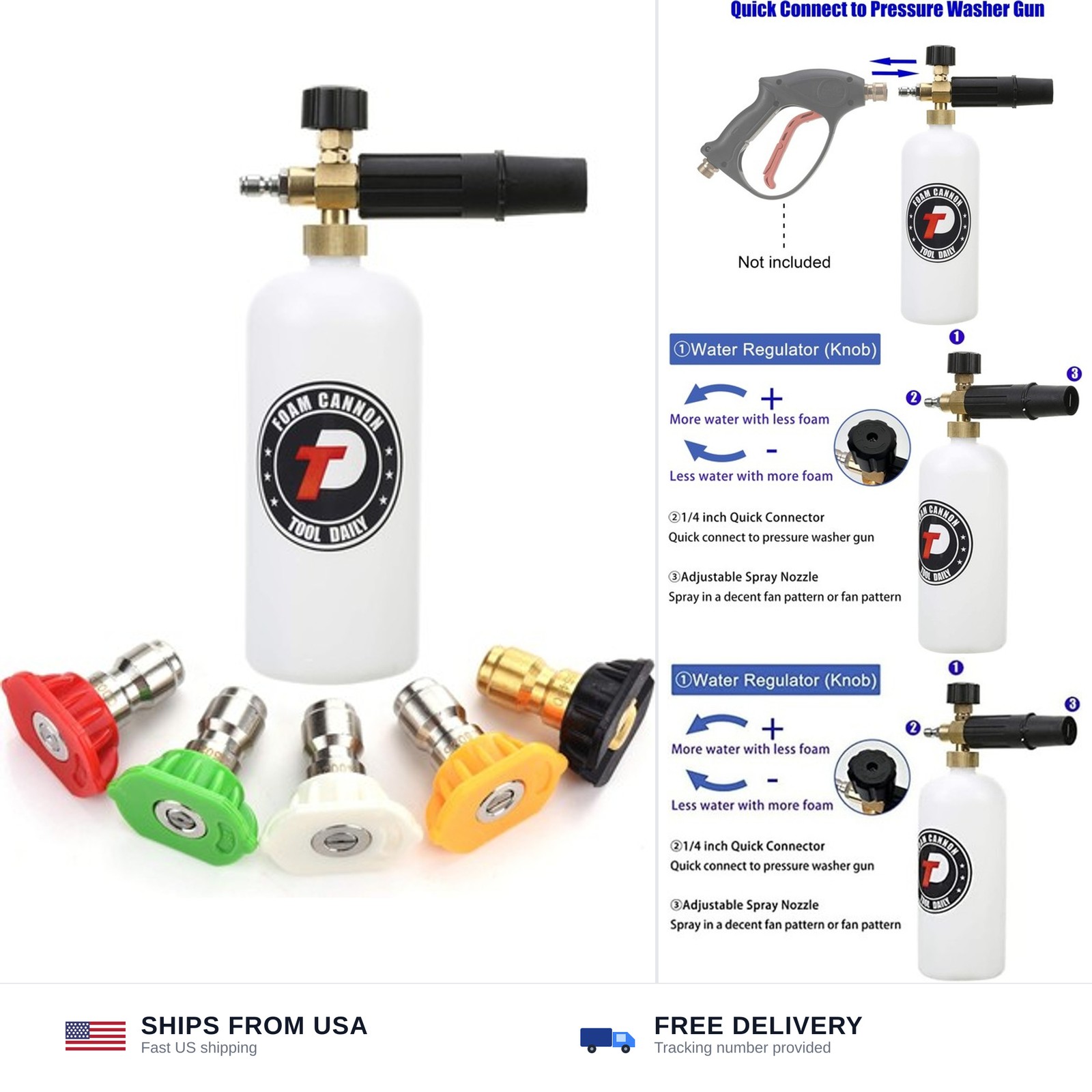 Tool Daily Foam Cannon with 1/4 Inch Quick Connector, 1 Liter, 5 Pressure Was…