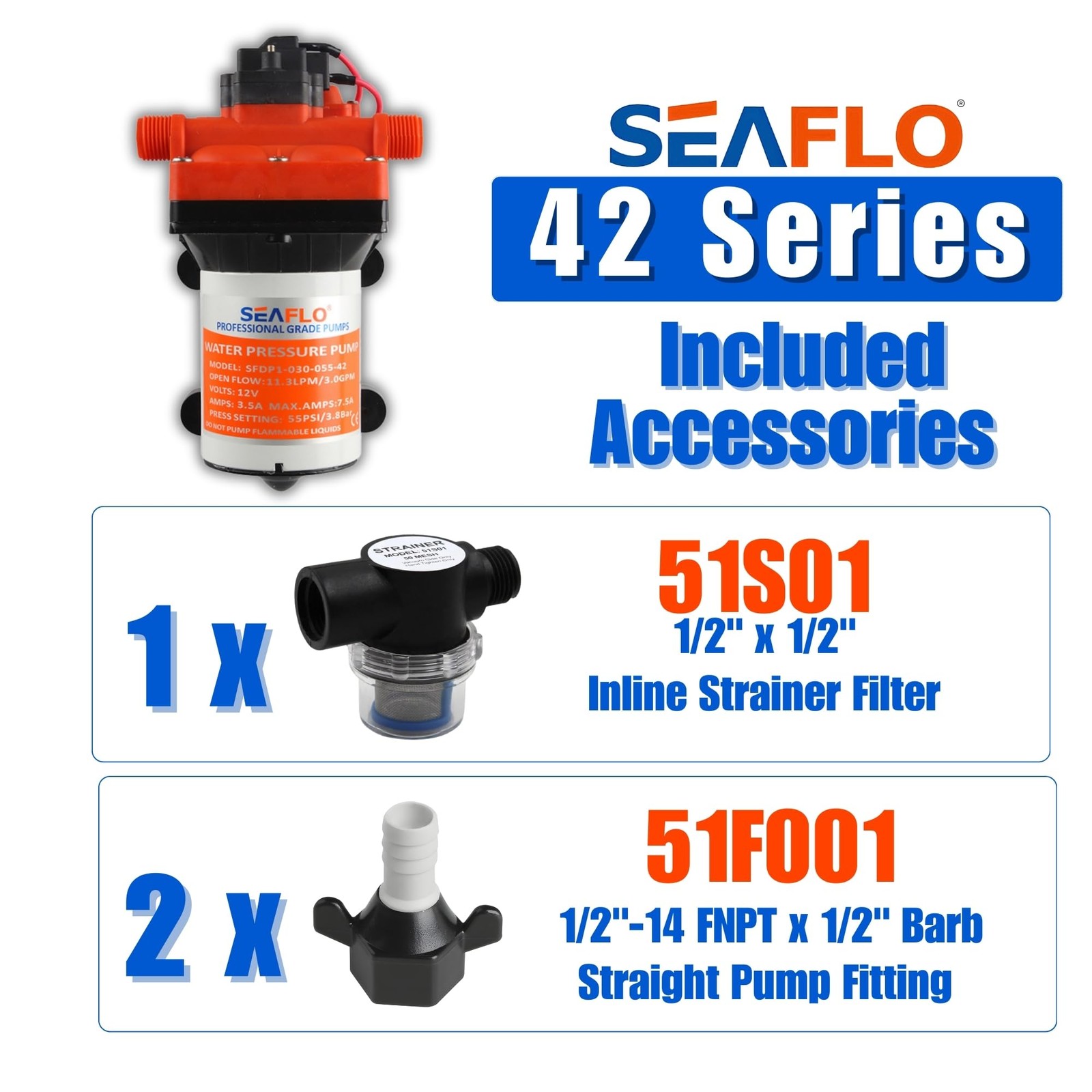 12V Diaphragm Pump 3.0 GPM 55PSI for Marine, RV, Off-Grid, Boats