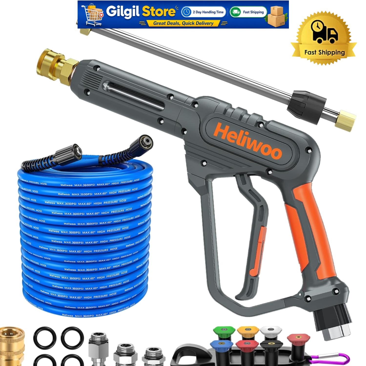 50FT Power Washer Hose with Flexible Extension Wand & 3600 PSI Gun for Easy Use