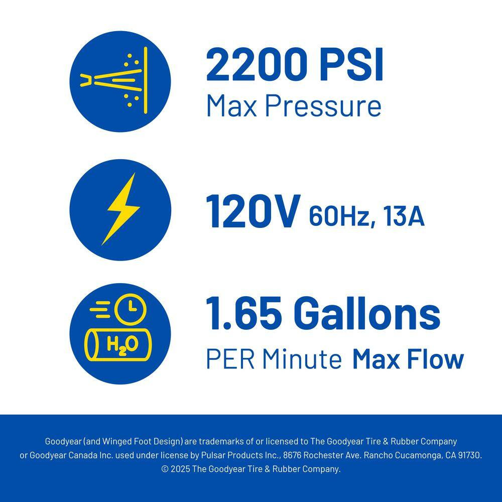 2200Psi, 1.65 GPM Cold Water Electric Pressure Washer 4 Quick-Connect Spray and