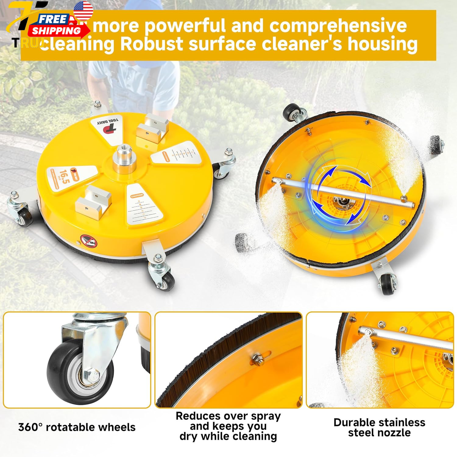 16.5” Pressure Washer Surface Cleaner with 4 Wheels for Easy Outdoor Cleaning