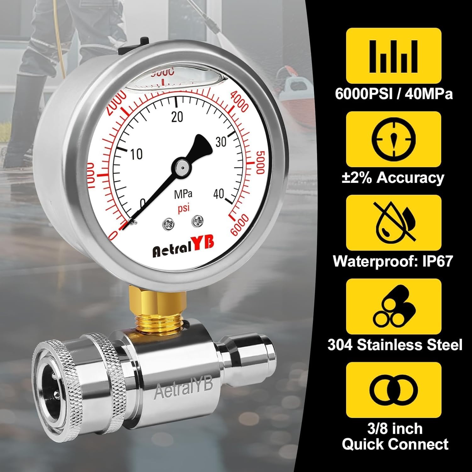 6000PSI Washer Pressure Gauge,3/8″ Push-To-Connection Quick Connection,Stainless