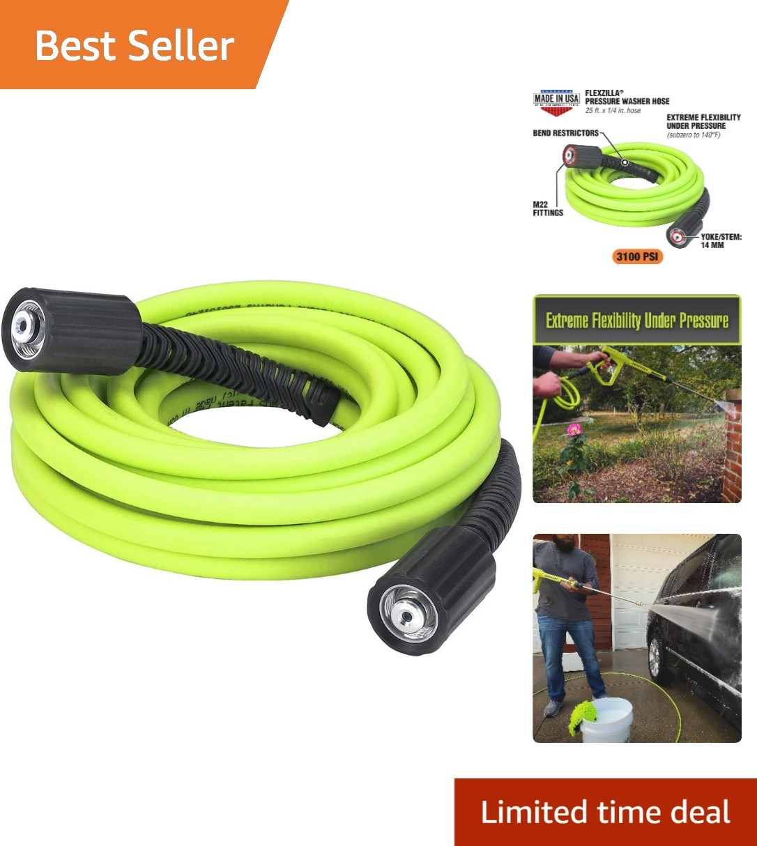 Revolutionary Flexzilla Pressure Washer Hose 1/4″ x 25ft, Ultra-Flexible Design